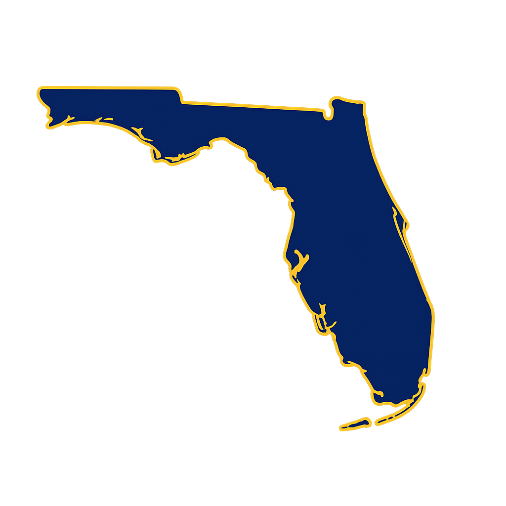Illustrated map of the state of Florida with a marker over the Central Florida region