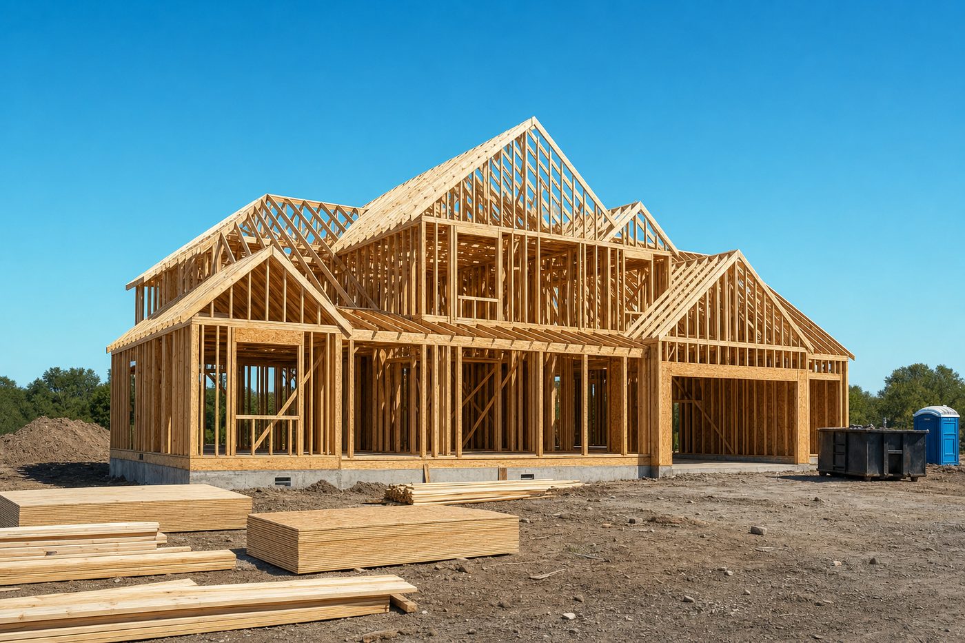 New custom home under construction with completed wood framing