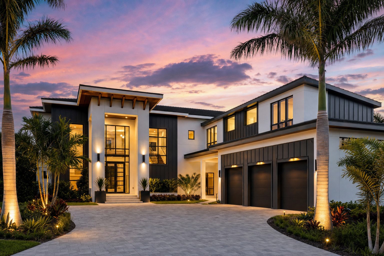 Custom luxury home built by Ascend Development & Construction, twilight exterior view with warm interior lighting