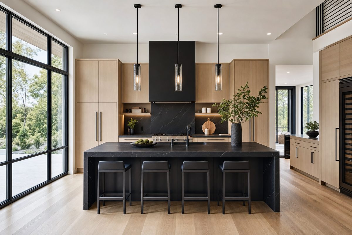Modern luxury kitchen with matte black waterfall island and white oak cabinetry