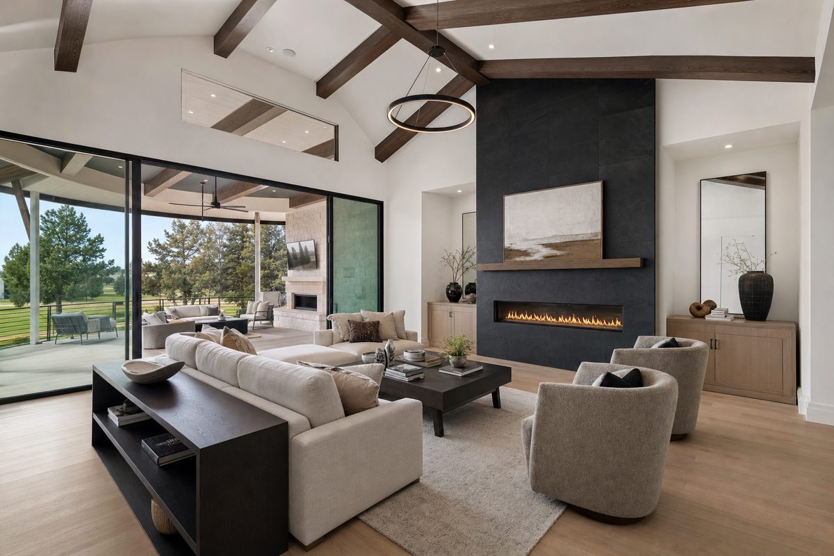 Newly built luxury living room with vaulted wood-beam ceiling and linear fireplace